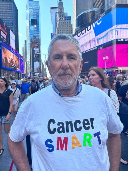 Stewart Manning in Cancer SMART t-shirt in Times Square New York.jpg