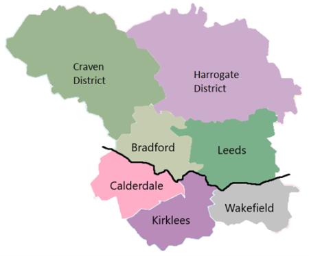 map showing districts of West Yorkshire and Harrogate